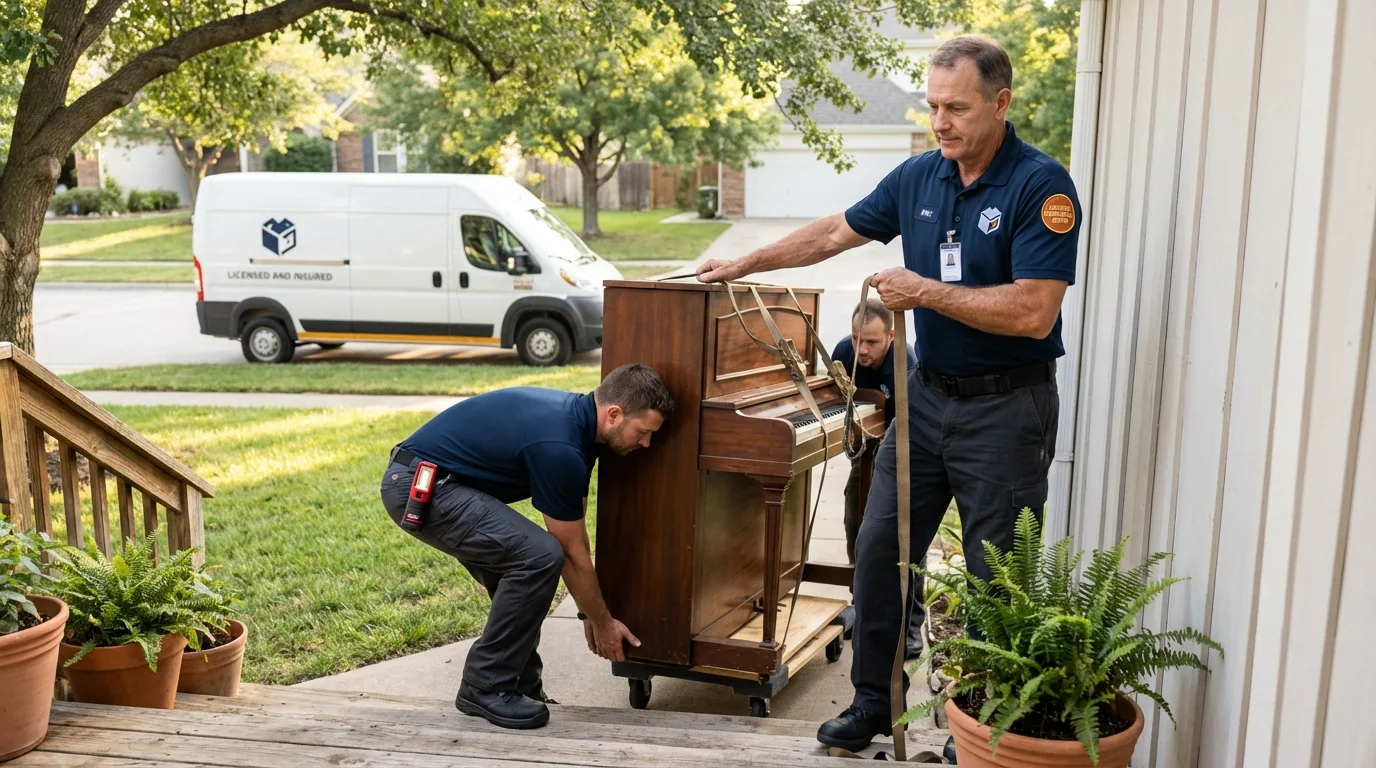 Licensed piano movers securing grand piano in Chesapeake, VA